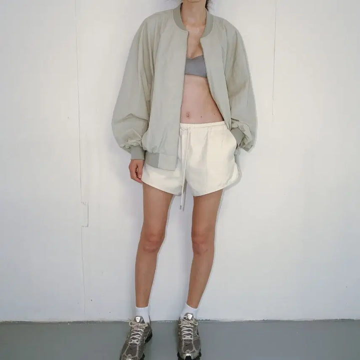 [BUNJANG] Ribbon Light Olive Blouson Jacket Beige / 리본빛 올리브 점퍼 베이지 블루종 자켓