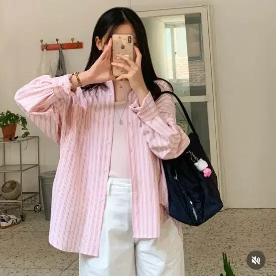 [BUNJANG] HarryLalla Pink Stripe Shirt and Tank Top Set / 해리랄라 핑크 스트라이프 셔츠 나시 세트