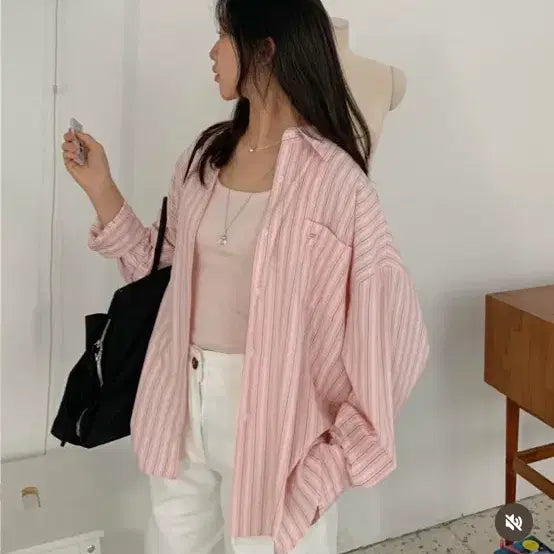 [BUNJANG] HarryLalla Pink Stripe Shirt and Tank Top Set / 해리랄라 핑크 스트라이프 셔츠 나시 세트