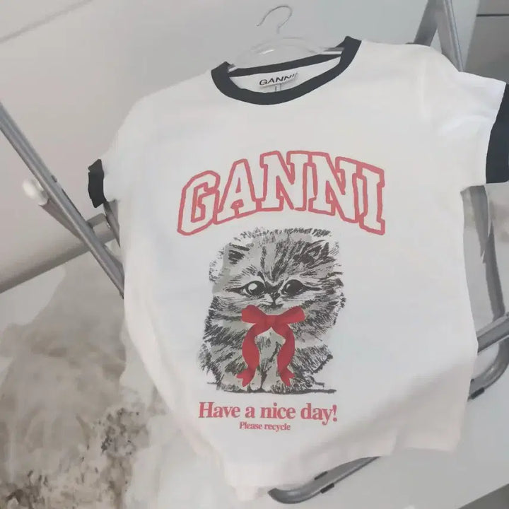 [BUNJANG] Ganni Cat Color Block T-shirt / 가니 ganni 고양이 배색 신상 반팔티 (새상품)