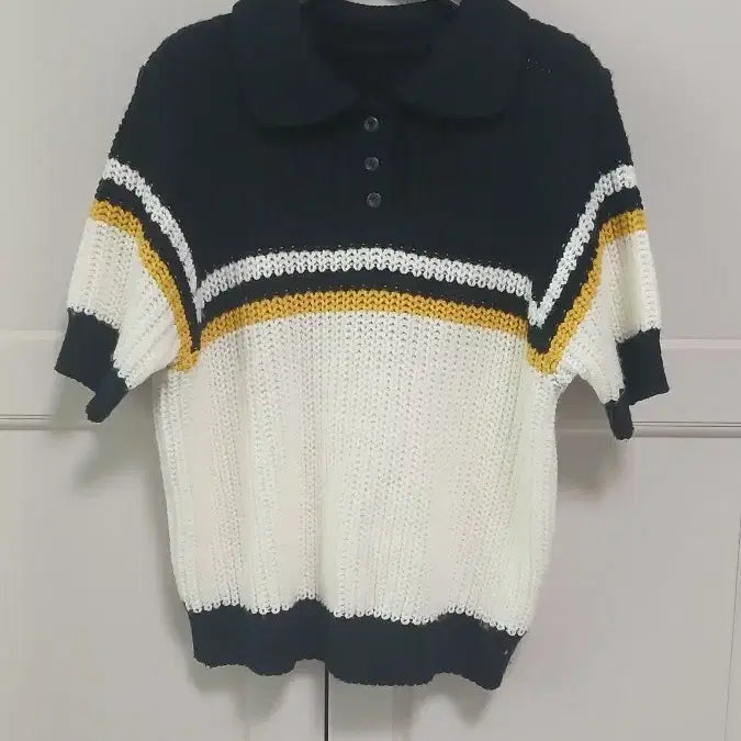 [BUNJANG] IMVELY Stripe Short Sleeve Collar Knit / IMVELY 스트라이프 반팔 카라 니트