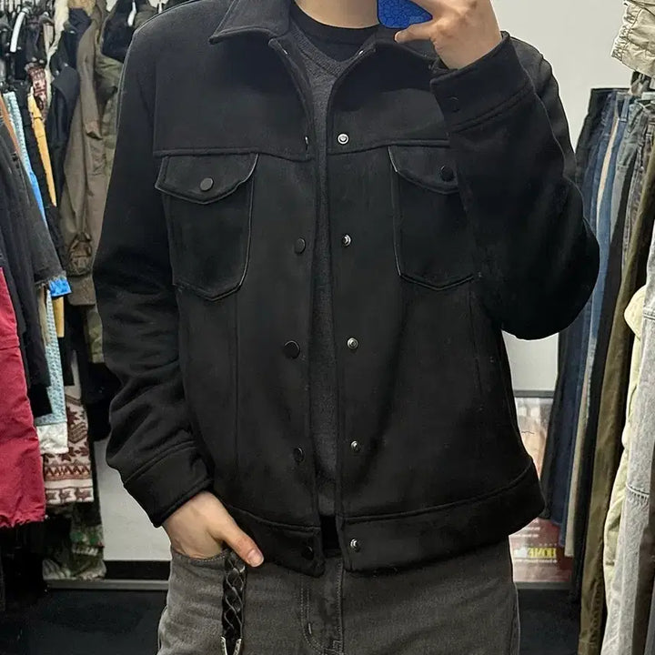 [BUNJANG] ZARA Suede Trucker Jacket / 자라 블랙 스웨이드 트러커 자켓 세무 가죽 레더 라이더 바이커 L 100