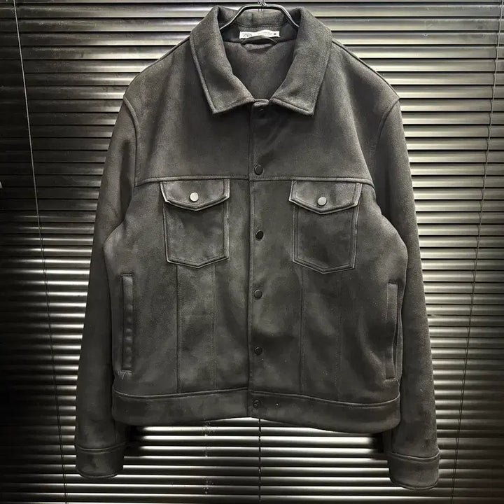 [BUNJANG] ZARA Suede Trucker Jacket / 자라 블랙 스웨이드 트러커 자켓 세무 가죽 레더 라이더 바이커 L 100