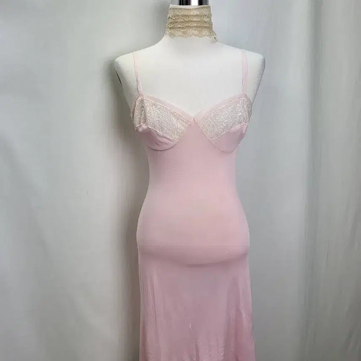 [BUNJANG] Vintage Strawberry Milk Pink Slip Dress / B급 빈티지 딸기우유 핑크 슬립 원피스 페어리 핀터레스트 란제리코어