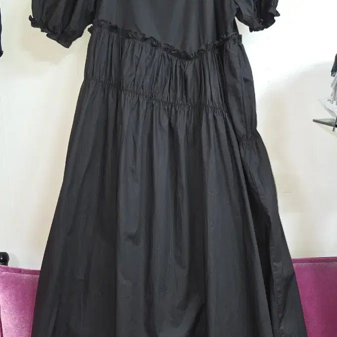 [BUNJANG] Black Long Puff Sleeve Ruffle Dress / 블랙 롱 원피스 퍼프소매 캉캉원피스
