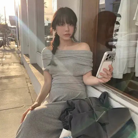 [BUNJANG] Without Summer Comfort Off-Shoulder Set Gray / 위드아웃썸머 컴포트 오프숄더 세트 그레이