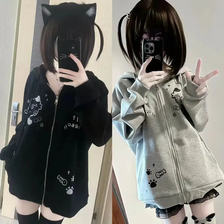 [BUNJANG] Neko Printing Zip-up Hoodie Black/Grey / 네코 프린팅 집업 블랙/그레이