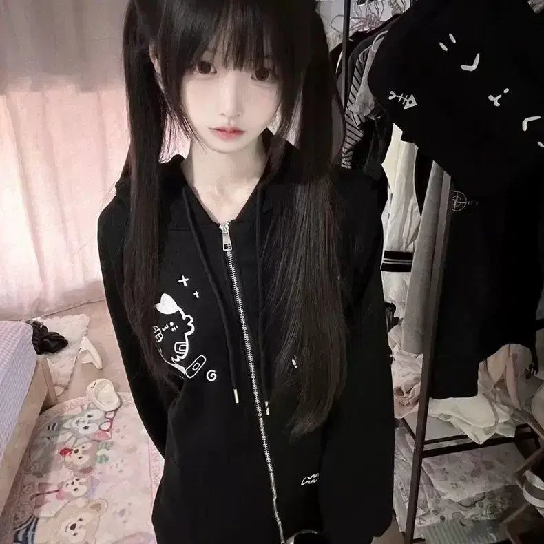 [BUNJANG] Neko Printing Zip-up Hoodie Black/Grey / 네코 프린팅 집업 블랙/그레이