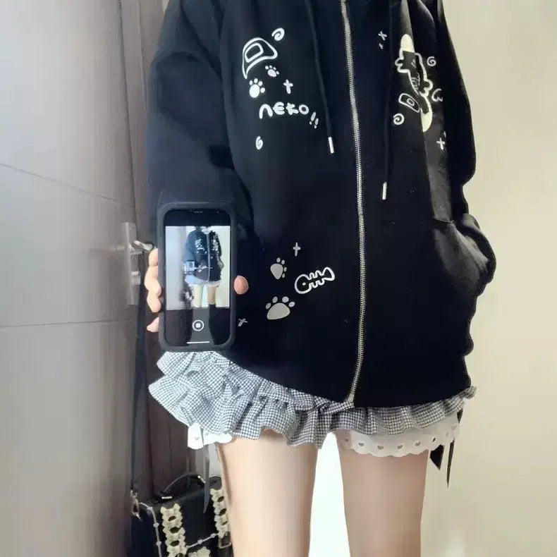[BUNJANG] Neko Printing Zip-up Hoodie Black/Grey / 네코 프린팅 집업 블랙/그레이