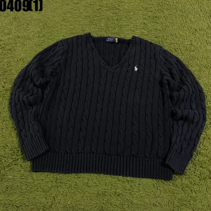 [BUNJANG] Polo Ralph Lauren Cable Knit V-Neck Sweater Navy L / 폴로 랄프로렌 케이블 꽈배기 니트 V넥 네이비 L 신형