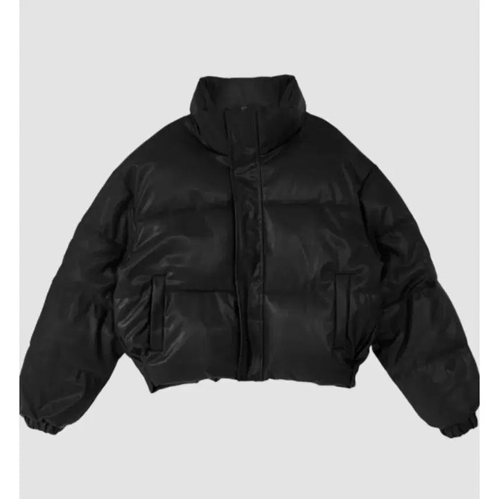 [BUNJANG] Black Leather Short Crop Padded Jumper / 블랙 레더 가죽 숏 크롭 패딩 점퍼