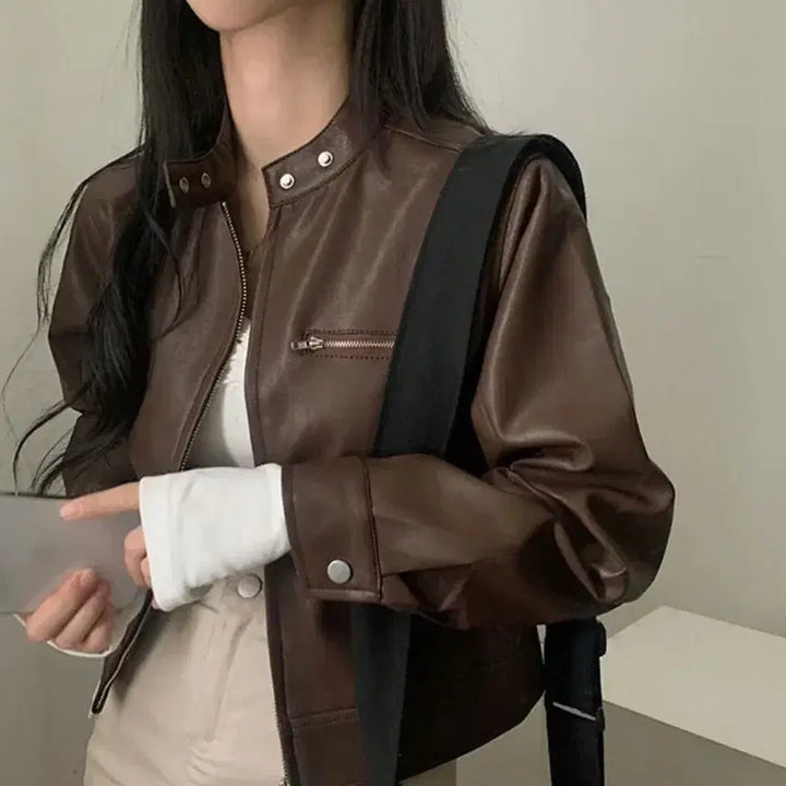 [BUNJANG] Brown Leather Crop Zip Jacket / 브라운 레더 크롭 자켓 집업