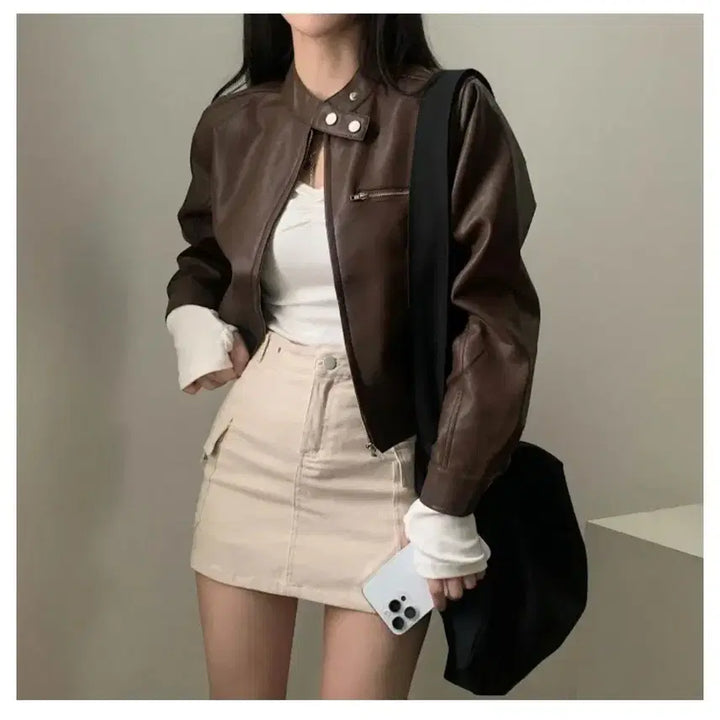 [BUNJANG] Brown Leather Crop Zip Jacket / 브라운 레더 크롭 자켓 집업