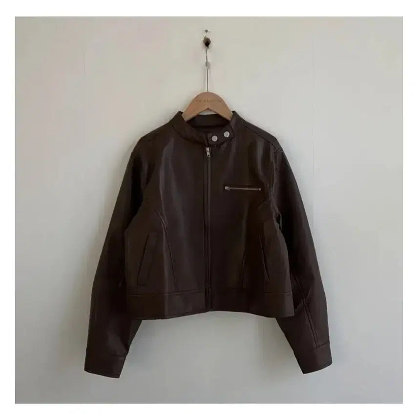 [BUNJANG] Brown Leather Crop Zip Jacket / 브라운 레더 크롭 자켓 집업