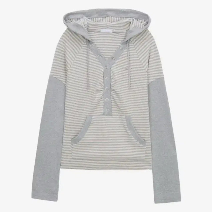 [BUNJANG] Hug Your Skin Striped Snap Button Hoodie (Grey) / (새상품/바로결제)허그유어스킨 스트라이프 스냅 버튼 후드티 (그레이)