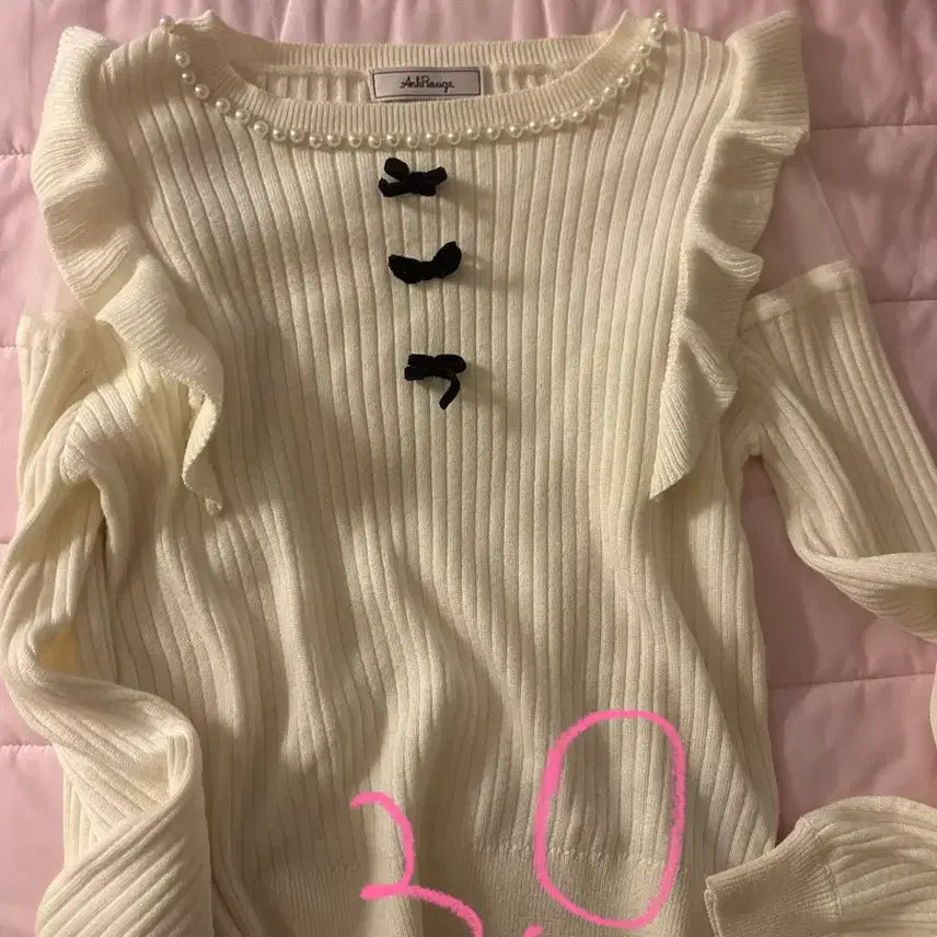 [BUNJANG] Ancruge Three-Ribbon Pearl Knit / 앙크루즈 3연리본 진주 니트