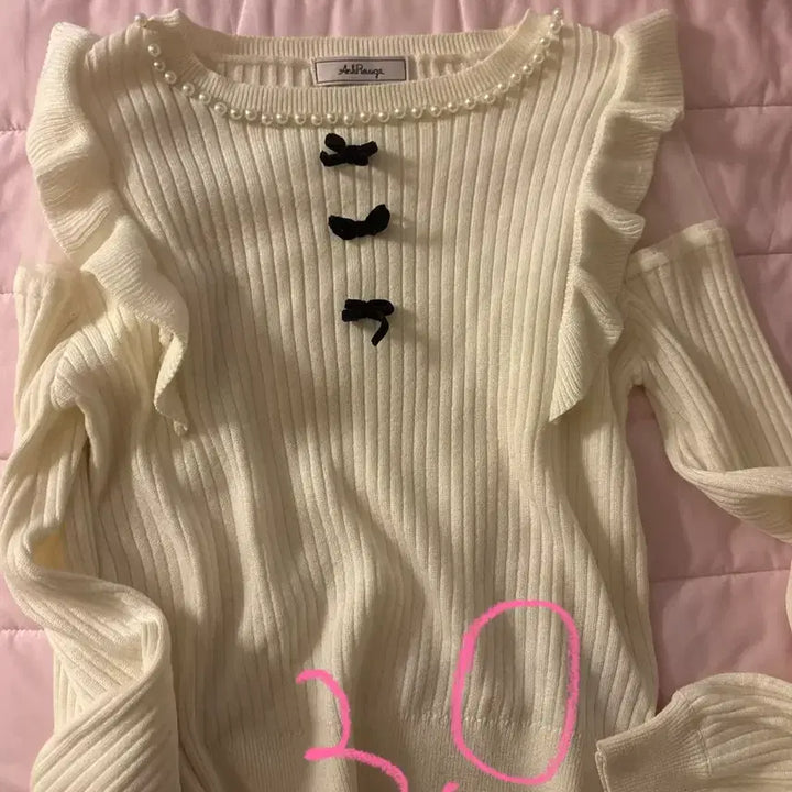 [BUNJANG] Ancruge Three-Ribbon Pearl Knit / 앙크루즈 3연리본 진주 니트