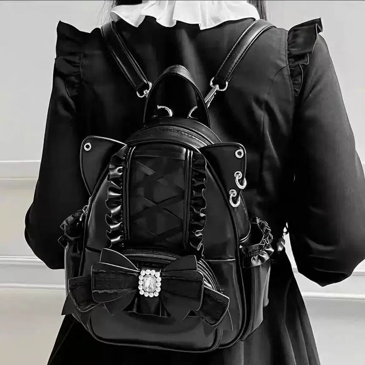 [BUNJANG] Jirai Kei Ribbon Frill Backpack (Pink/Black) / 지뢰계 리본 프릴 백팩(핑크/블랙)