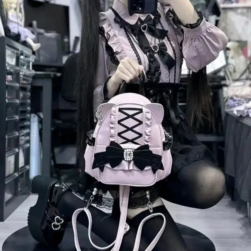 [BUNJANG] Jirai Kei Ribbon Frill Backpack (Pink/Black) / 지뢰계 리본 프릴 백팩(핑크/블랙)