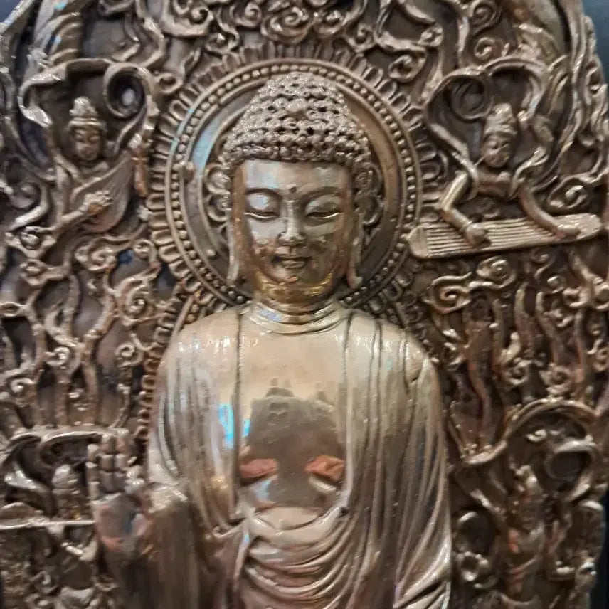 [BUNJANG] Brass Standing Buddha Statue with Aureole / 황동 석가모니 광배 입불상