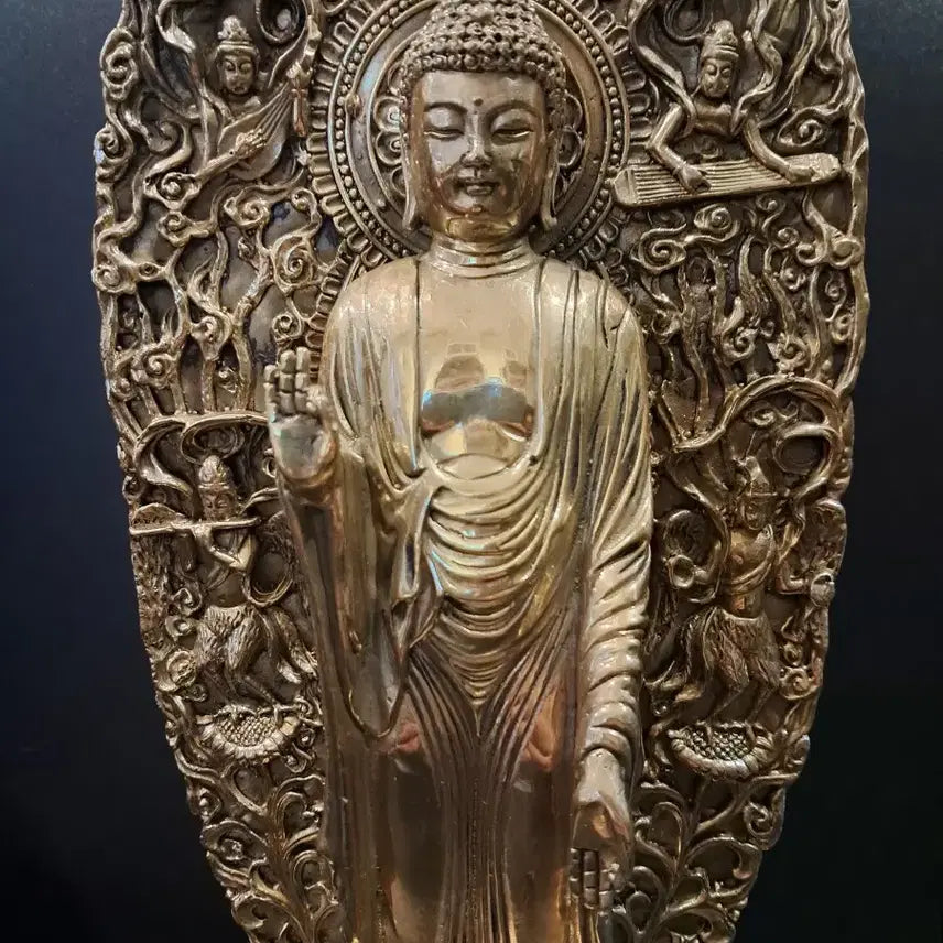 [BUNJANG] Brass Standing Buddha Statue with Aureole / 황동 석가모니 광배 입불상