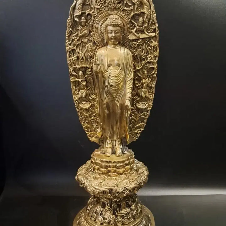 [BUNJANG] Brass Standing Buddha Statue with Aureole / 황동 석가모니 광배 입불상