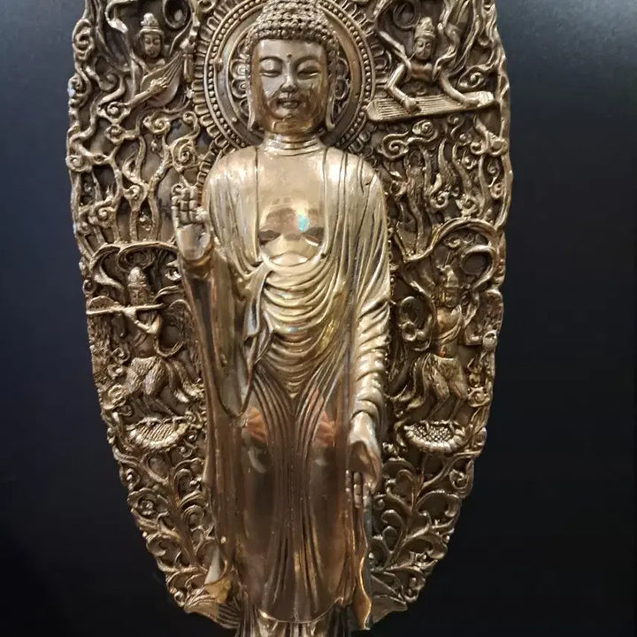 [BUNJANG] Brass Standing Buddha Statue with Aureole / 황동 석가모니 광배 입불상