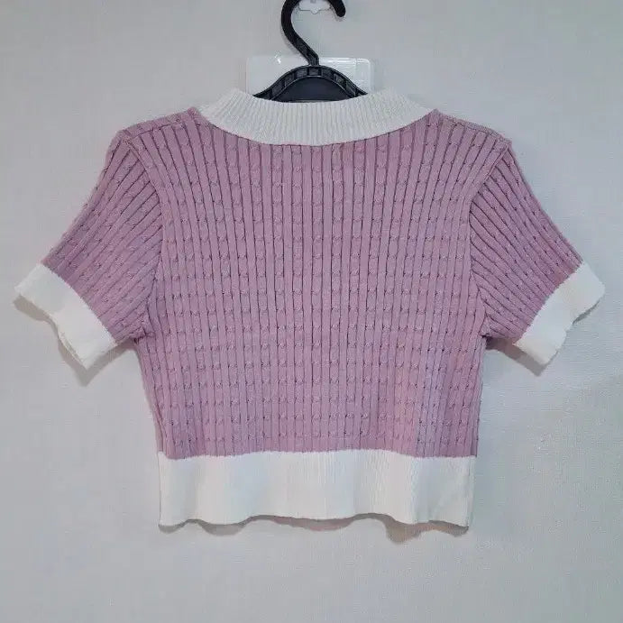 [BUNJANG] Miello Pink Colorblock Short-Sleeve Knit Cardigan / 여55.66.miello 핑크 배색 반팔 니트 가디건