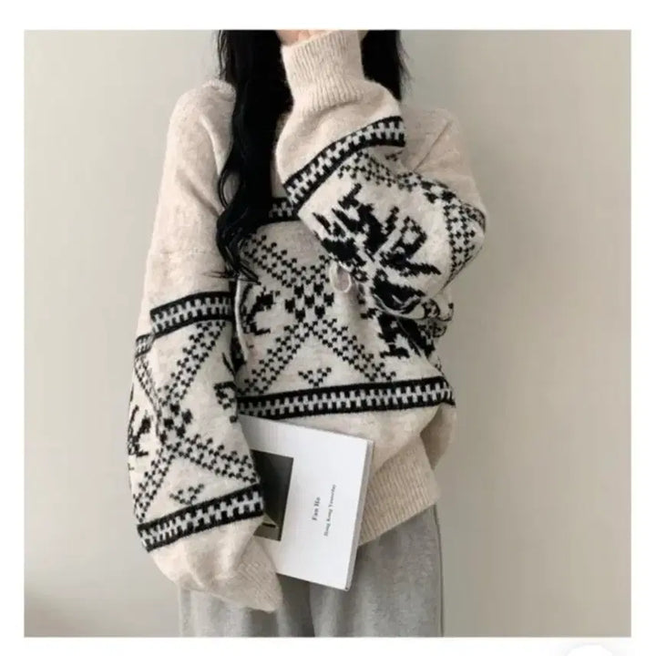 [BUNJANG] Snowflake Hooded Knit Sweater / 눈꽃 후드니트 [Free,블랙]