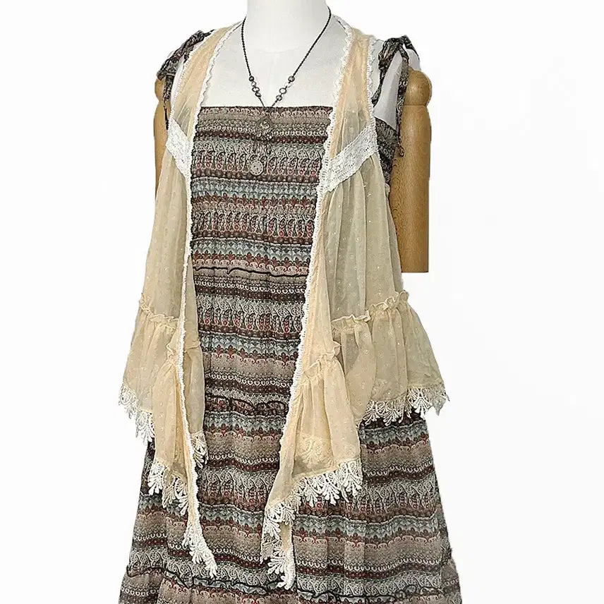 [BUNJANG] Japanese Vintage Chiffon Lace Dot Asymmetrical Shirring Frill Vest Mori Girl Harajuku Y2K Hippie Style / 일본빈티지 쉬폰레이스도트 언발셔링프릴조끼베스트 모리걸하구미룩갸루y2k히피