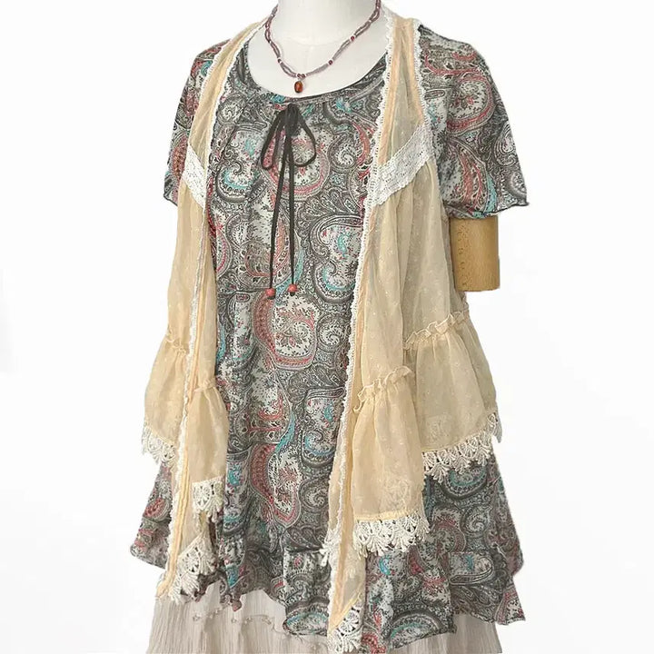 [BUNJANG] Japanese Vintage Chiffon Lace Dot Asymmetrical Shirring Frill Vest Mori Girl Harajuku Y2K Hippie Style / 일본빈티지 쉬폰레이스도트 언발셔링프릴조끼베스트 모리걸하구미룩갸루y2k히피