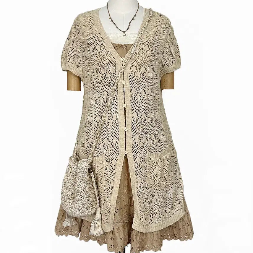 [BUNJANG] Vintage Beige Openwork Long Cardigan / 일본빈티지 앞옆트임포켓 벌룬소매펀칭롱가디건베이지모리걸하구미룩갸루y2k히피