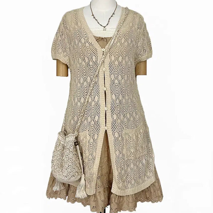 [BUNJANG] Vintage Beige Openwork Long Cardigan / 일본빈티지 앞옆트임포켓 벌룬소매펀칭롱가디건베이지모리걸하구미룩갸루y2k히피