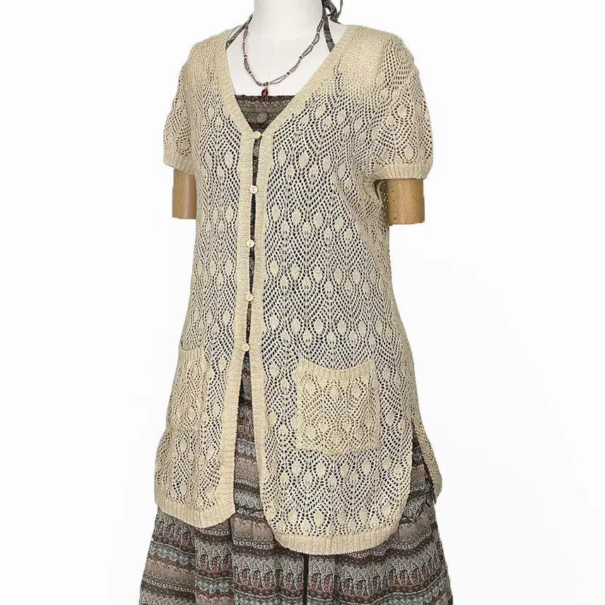[BUNJANG] Vintage Beige Openwork Long Cardigan / 일본빈티지 앞옆트임포켓 벌룬소매펀칭롱가디건베이지모리걸하구미룩갸루y2k히피