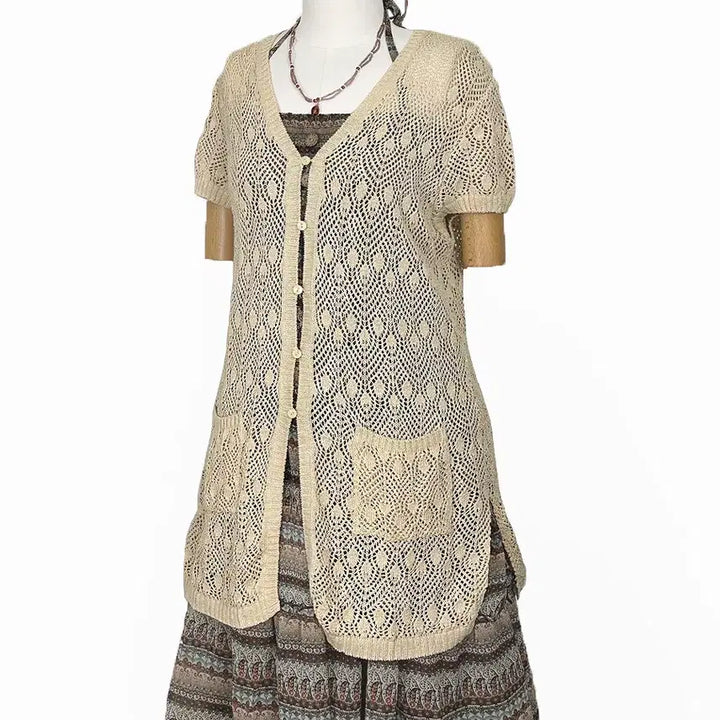 [BUNJANG] Vintage Beige Openwork Long Cardigan / 일본빈티지 앞옆트임포켓 벌룬소매펀칭롱가디건베이지모리걸하구미룩갸루y2k히피