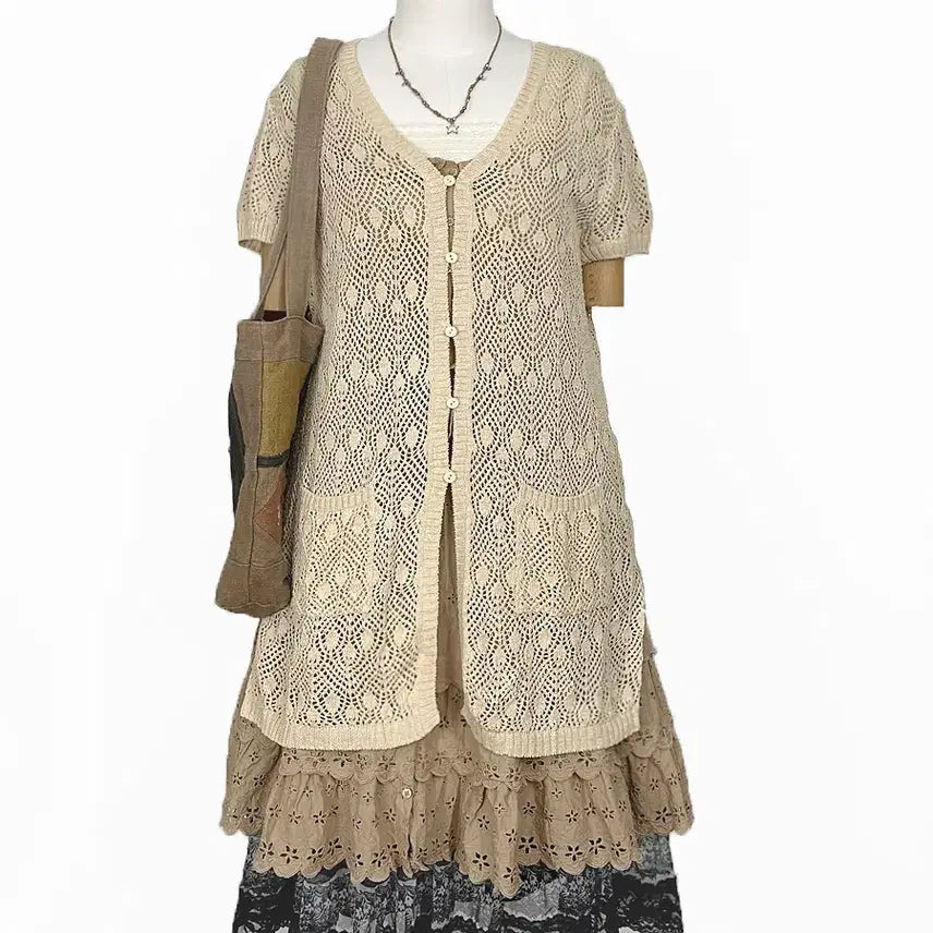 [BUNJANG] Vintage Beige Openwork Long Cardigan / 일본빈티지 앞옆트임포켓 벌룬소매펀칭롱가디건베이지모리걸하구미룩갸루y2k히피