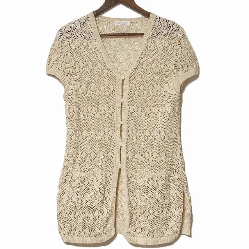[BUNJANG] Vintage Beige Openwork Long Cardigan / 일본빈티지 앞옆트임포켓 벌룬소매펀칭롱가디건베이지모리걸하구미룩갸루y2k히피
