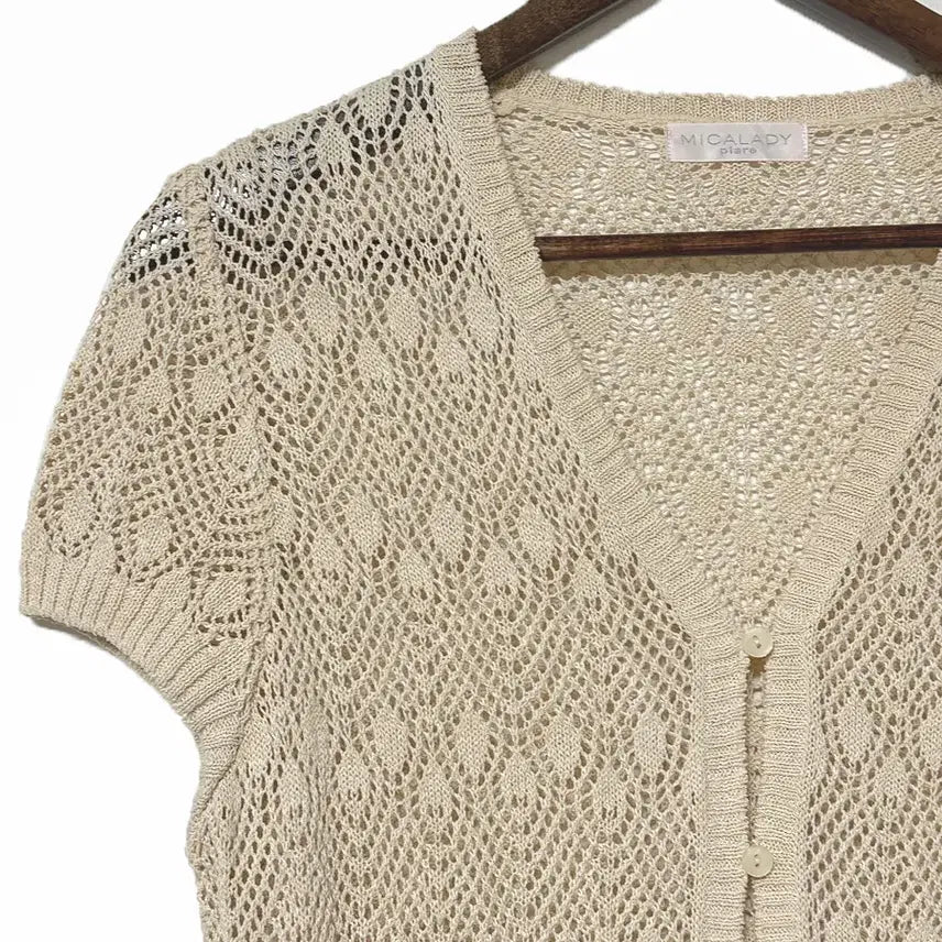 [BUNJANG] Vintage Beige Openwork Long Cardigan / 일본빈티지 앞옆트임포켓 벌룬소매펀칭롱가디건베이지모리걸하구미룩갸루y2k히피