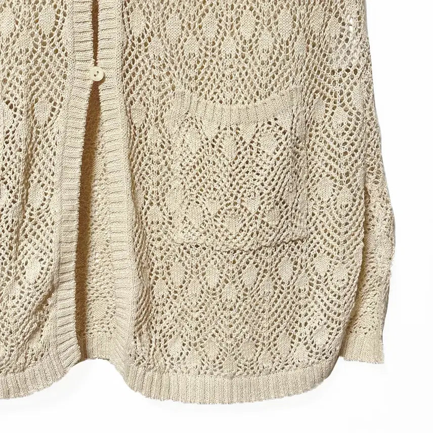 [BUNJANG] Vintage Beige Openwork Long Cardigan / 일본빈티지 앞옆트임포켓 벌룬소매펀칭롱가디건베이지모리걸하구미룩갸루y2k히피