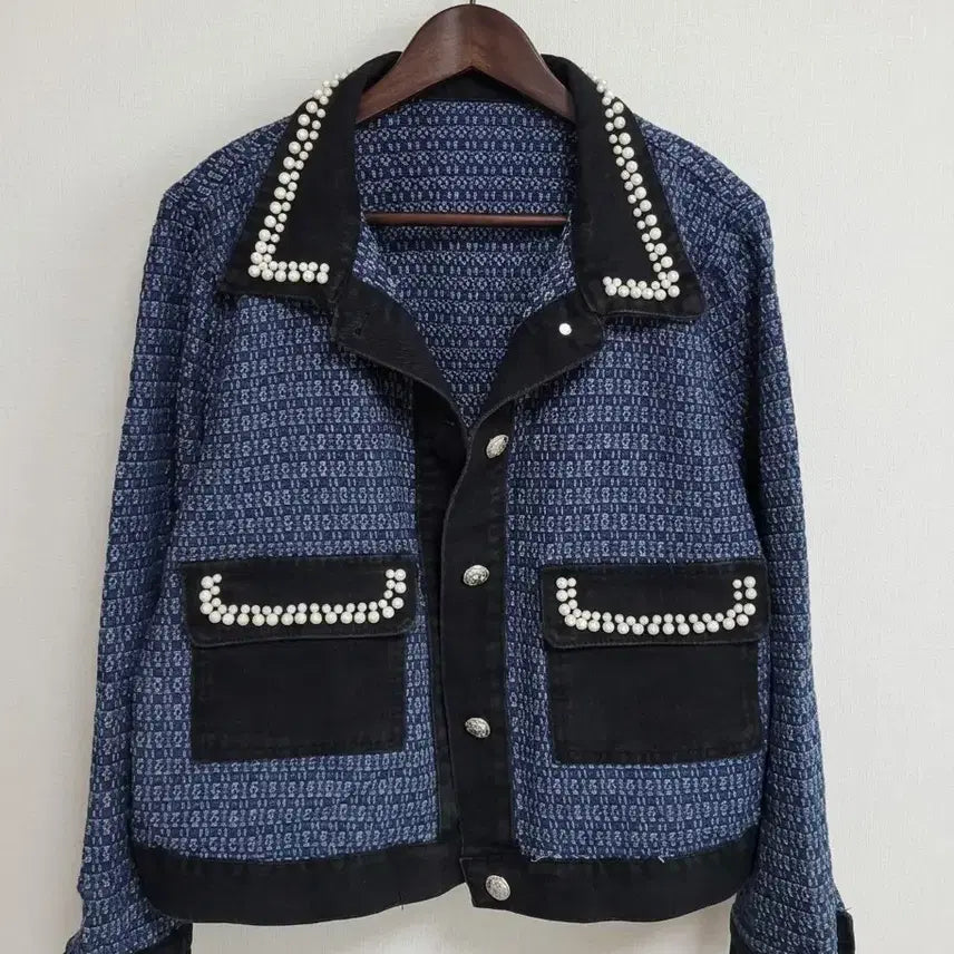 [BUNJANG] Pearl Embellished Tweed Denim Jacket / 진주 장식 트위드 데님 자켓
