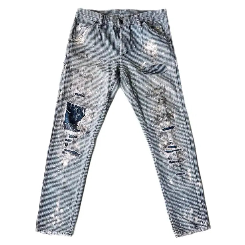 [BUNJANG] Denim &amp; Supply Ralph Lauren Hickory Stripe Distressed Painted Jeans / 폴로 데님 앤 서플라이 데미지 히꼬리 데님 팬츠