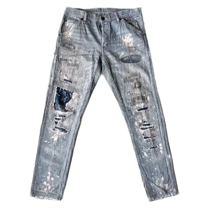 [BUNJANG] Denim &amp; Supply Ralph Lauren Hickory Stripe Distressed Painted Jeans / 폴로 데님 앤 서플라이 데미지 히꼬리 데님 팬츠