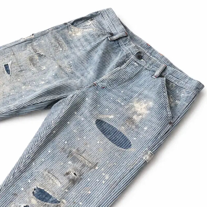 [BUNJANG] Denim &amp; Supply Ralph Lauren Hickory Stripe Distressed Painted Jeans / 폴로 데님 앤 서플라이 데미지 히꼬리 데님 팬츠