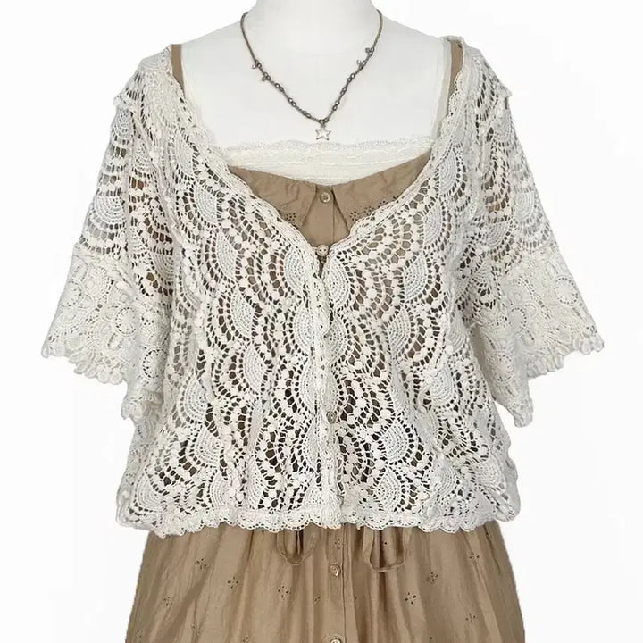 [BUNJANG] Earth Music &amp; Ecology Crochet Cardigan / 일본빈티지 어스뮤직레이스뜨개크로셰크로쉐판쵸가디건모리걸하구미룩갸루y2k히피