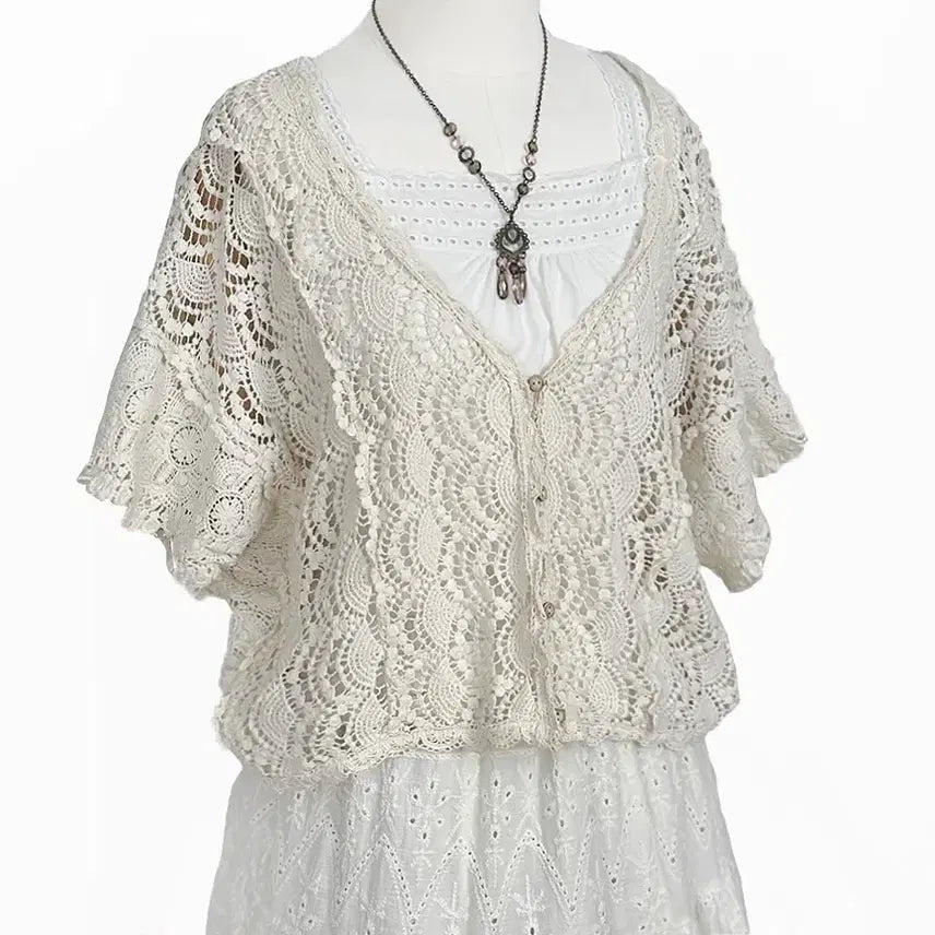 [BUNJANG] Earth Music &amp; Ecology Crochet Cardigan / 일본빈티지 어스뮤직레이스뜨개크로셰크로쉐판쵸가디건모리걸하구미룩갸루y2k히피