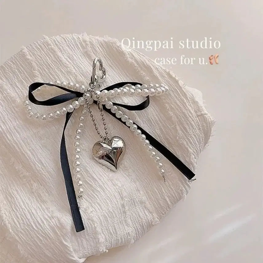 [BUNJANG] Pearl Ribbon Heart Keyring / Bag Charm / 진주 리본 하트 키링/가방 참