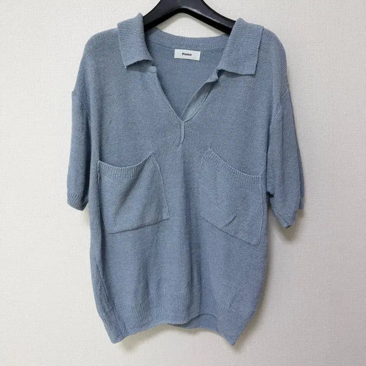 [BUNJANG] Poster Brand V-Neck Short Sleeve Knit Top / 새상품,착용컷o)유명도매택 포스터 반팔 니트 블루