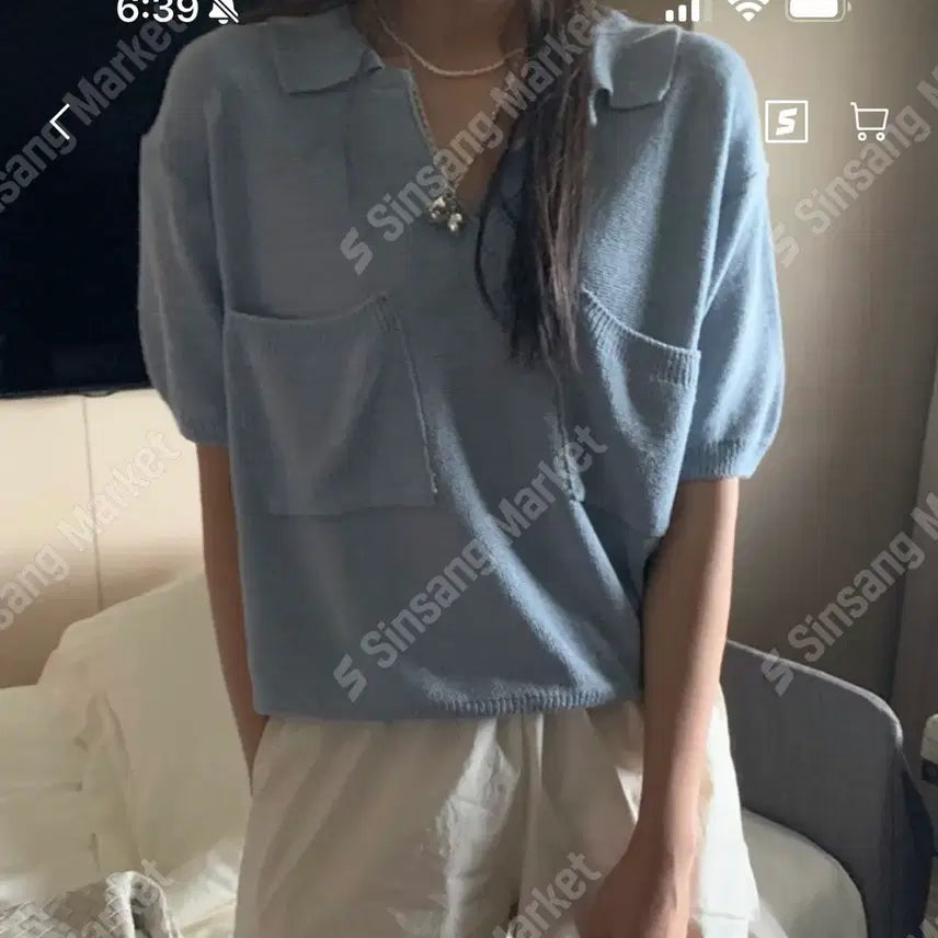 [BUNJANG] Poster Brand V-Neck Short Sleeve Knit Top / 새상품,착용컷o)유명도매택 포스터 반팔 니트 블루
