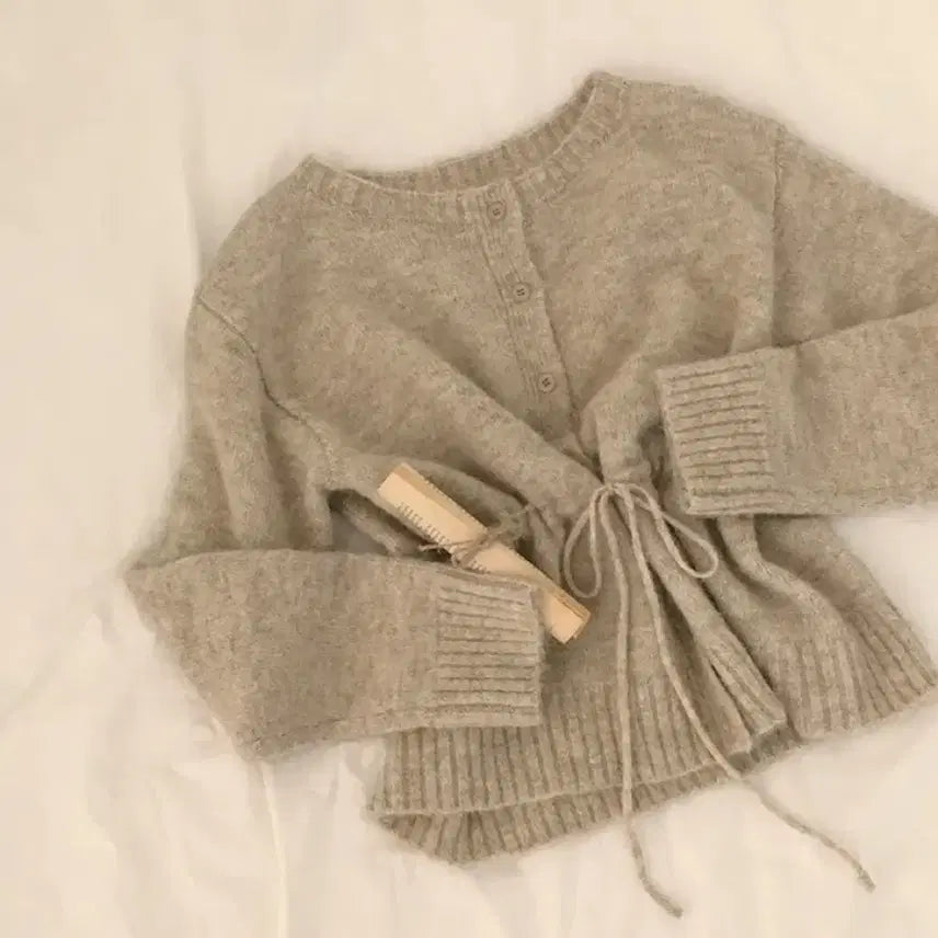 [BUNJANG] Wool Boatneck Raglan Knit Cardigan with Waist String / 청순무드, 도톰 울 보트넥 나그랑 허리 스트링 루즈핏 니트가디건