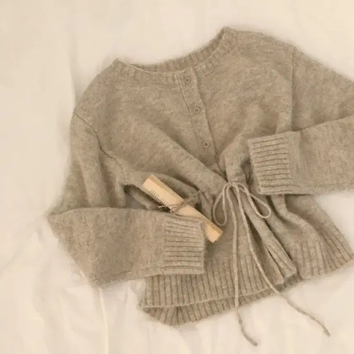 [BUNJANG] Wool Boatneck Raglan Knit Cardigan with Waist String / 청순무드, 도톰 울 보트넥 나그랑 허리 스트링 루즈핏 니트가디건